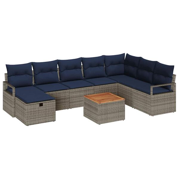 vidaXL Garden Sofa Set with Cushion 9 pcs Grey Poly Rattan