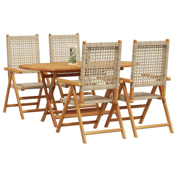 vidaXL Garden Dining Set 5 pcs Beige Solid acacia wood and poly rattan