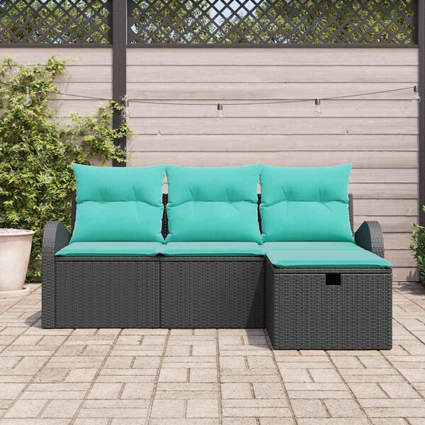vidaXL Sofa Set with Cushion 4 pcs Black and Turquoise Poly Rattan