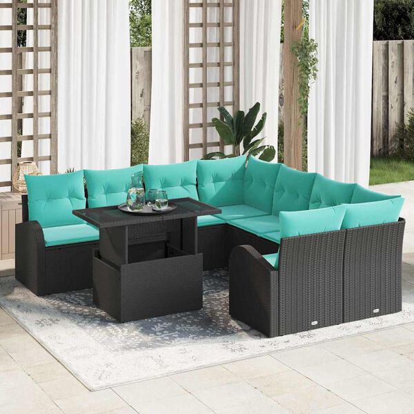 vidaXL Garden Sofa Set with Cushion Manual 9 pcs Black Poly Rattan
