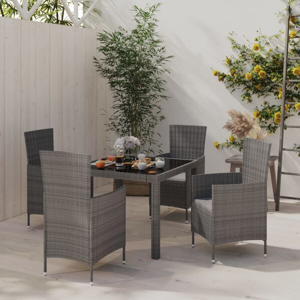 vidaXL 5 Piece Outdoor Dining Set with Cushions Poly Rattan Grey