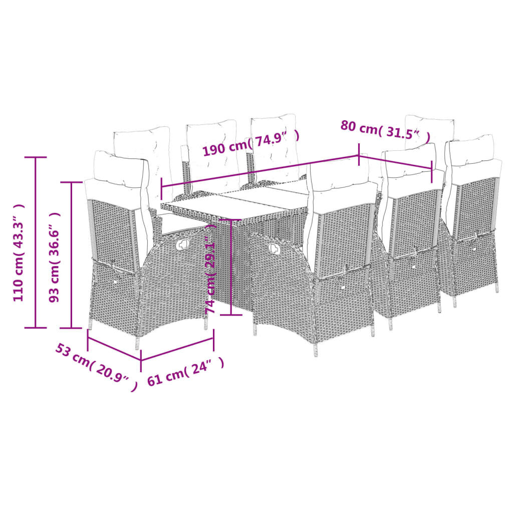 vidaXL 9 Piece Garden Dining Set with Cushions Beige Poly Rattan