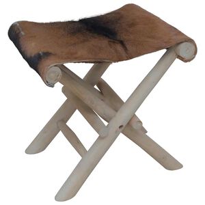 vidaXL Folding Stool Goatskin Leather and Solid Teak Wood