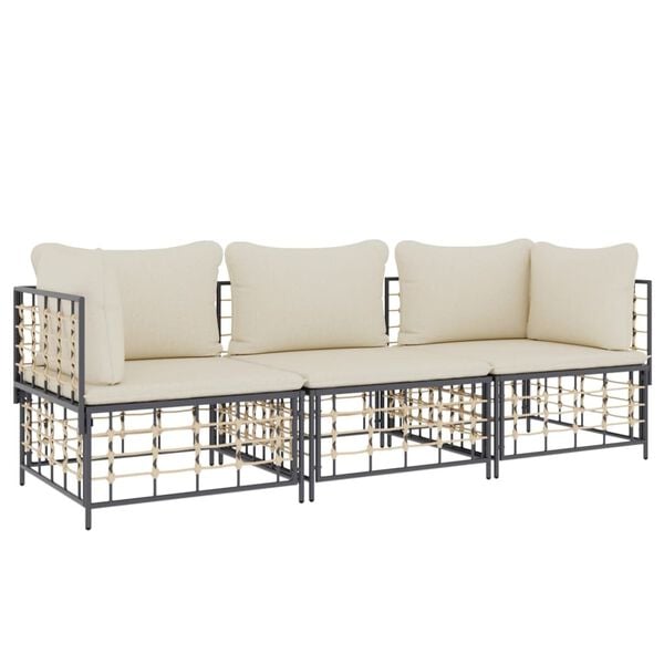 vidaXL 3 Piece Garden Lounge Set with Cushions Anthracite Poly Rattan