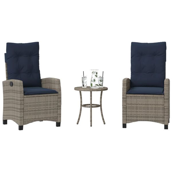 vidaXL 3 Piece Bistro Set with Cushions Grey Poly Rattan