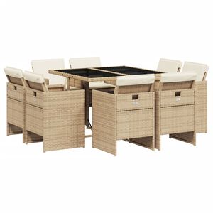 vidaXL 9 Piece Garden Dining Set with Cushions Beige Poly Rattan