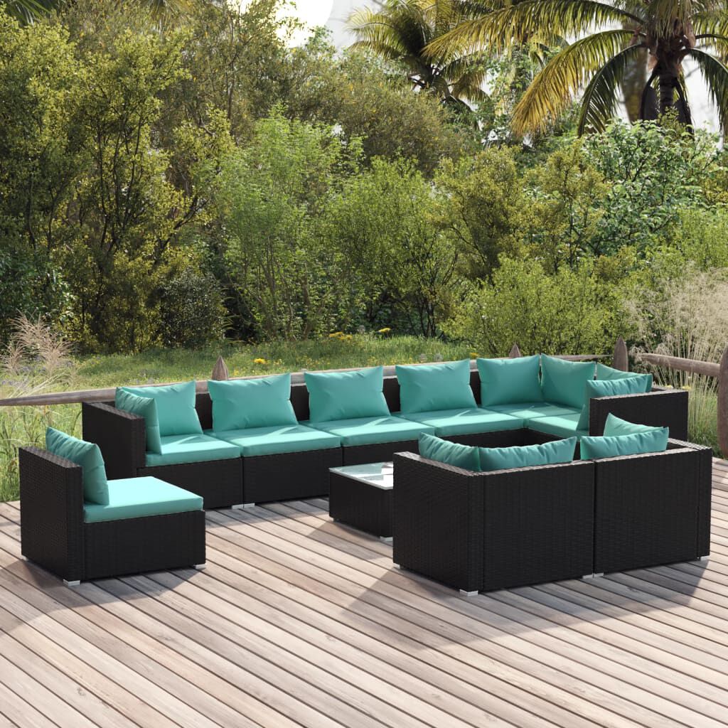 vidaXL 10 Piece Garden Lounge Set with Cushions Poly Rattan Black