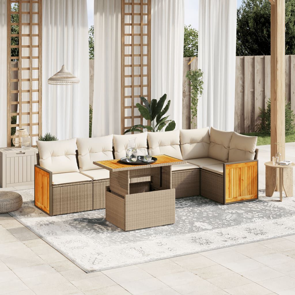 vidaXL 7 Piece Garden Sofa Set with Cushions Beige Poly Rattan