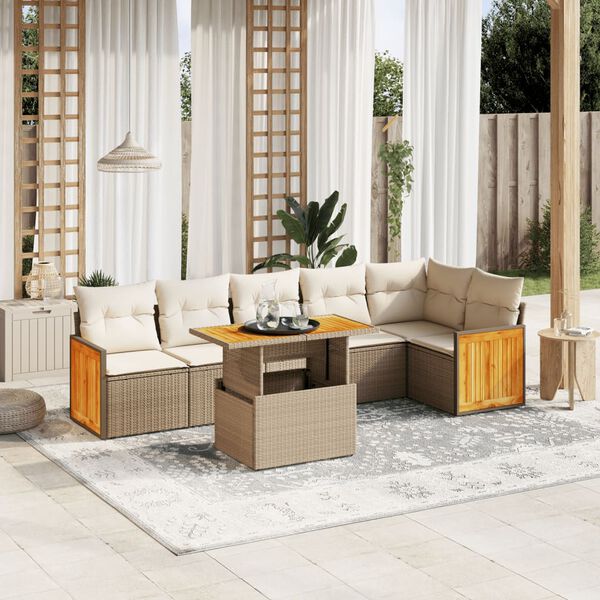 vidaXL 7 Piece Garden Sofa Set with Cushions Beige Poly Rattan