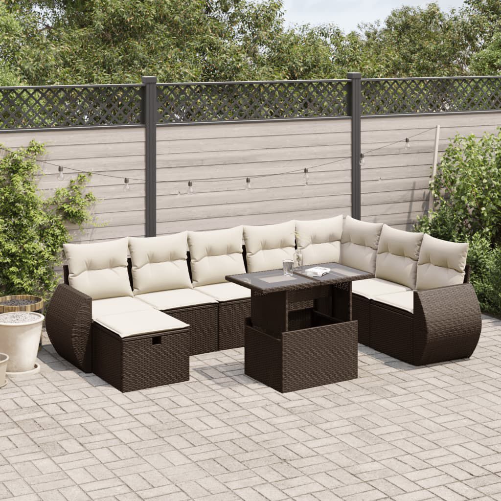 vidaXL 9 Piece Garden Sofa Set with Cushions Brown Poly Rattan