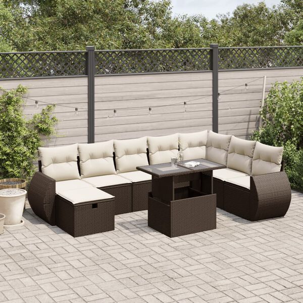 vidaXL 9 Piece Garden Sofa Set with Cushions Brown Poly Rattan