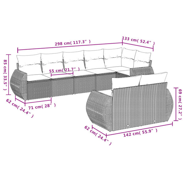 vidaXL 8 Piece Garden Sofa Set with Cushions Brown Poly Rattan