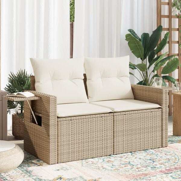 vidaXL Garden Sofa with Cushions 2-Seater Beige Poly Rattan