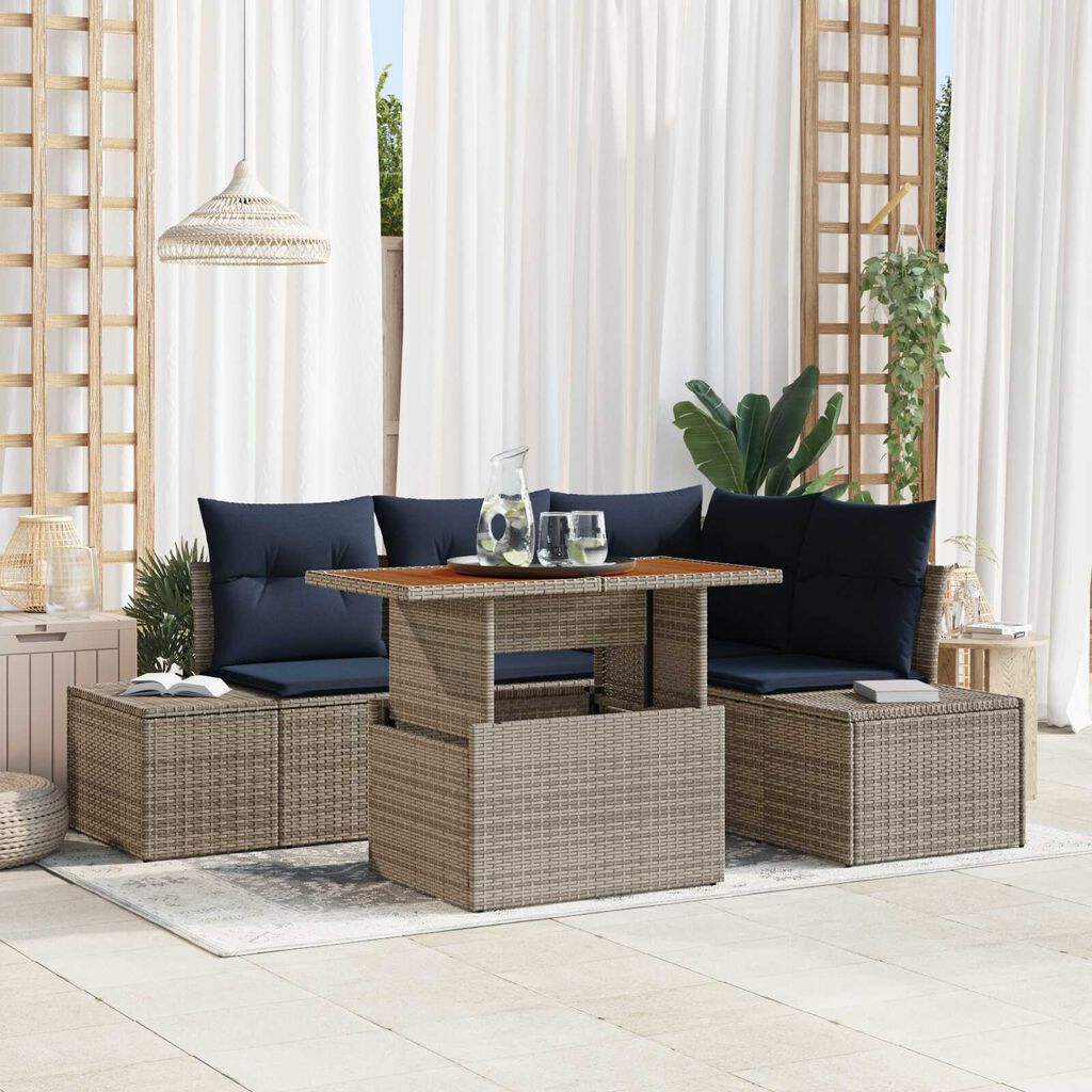vidaXL 5 Piece Garden Sofa Set with Cushions Grey Poly Rattan Acacia