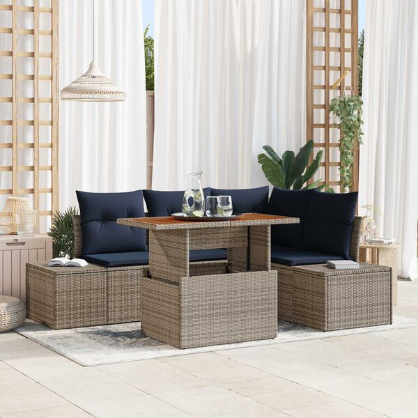 vidaXL 5 Piece Garden Sofa Set with Cushions Grey Poly Rattan Acacia