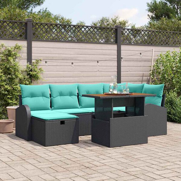 vidaXL Garden Sofa Set Height-Adjustable 7 pcs Black Poly Rattan