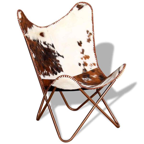 vidaXL Butterfly Chair Brown and White Real Cowhide Leather