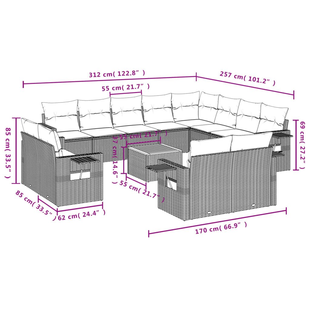 vidaXL 13 Piece Garden Sofa Set with Cushions Beige Poly Rattan