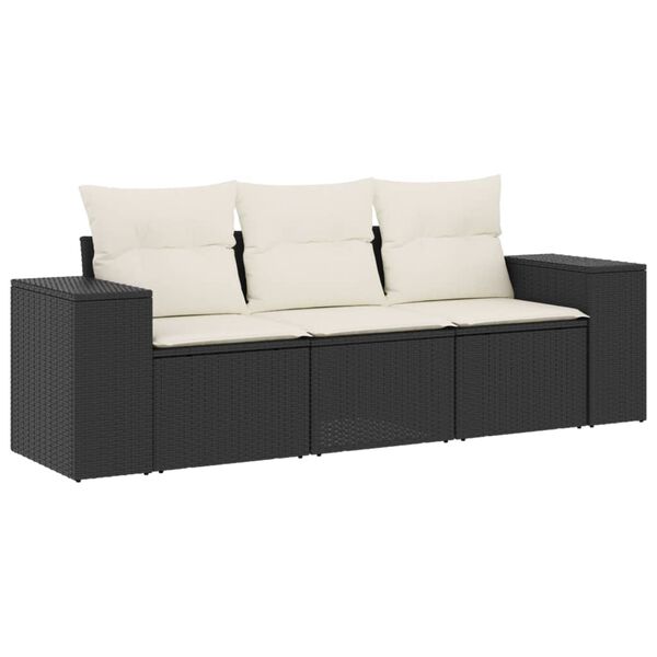 vidaXL 3 Piece Garden Sofa Set with Cushions Black Poly Rattan