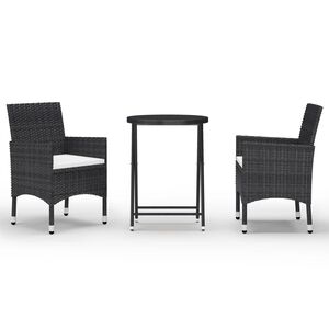 vidaXL 3 Piece Garden Bistro Set Poly Rattan and Tempered Glass Black