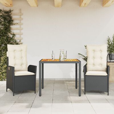vidaXL 3 Piece Garden Dining Set with Cushions Black Poly Rattan