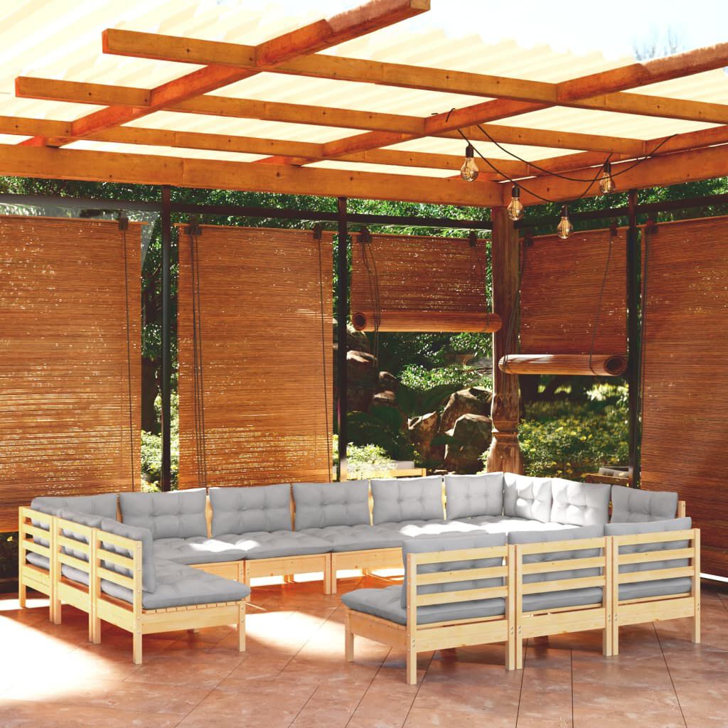 vidaXL 13 Piece Garden Lounge Set with Grey Cushions Solid Pinewood
