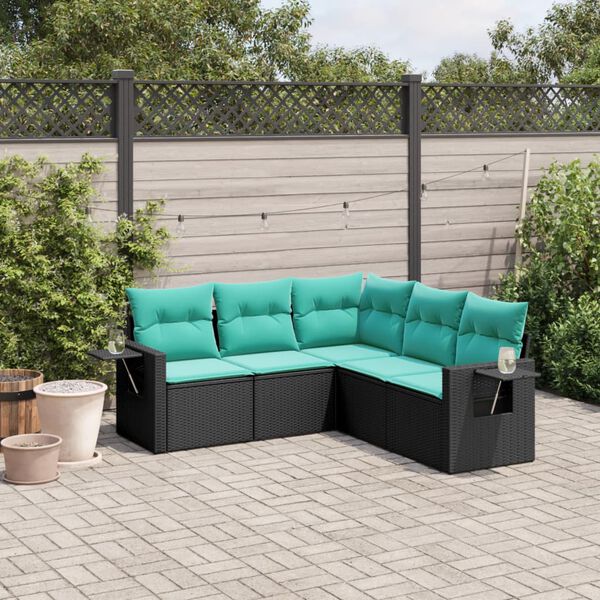 vidaXL 5 Piece Garden Sofa Set with Cushions Black Poly Rattan