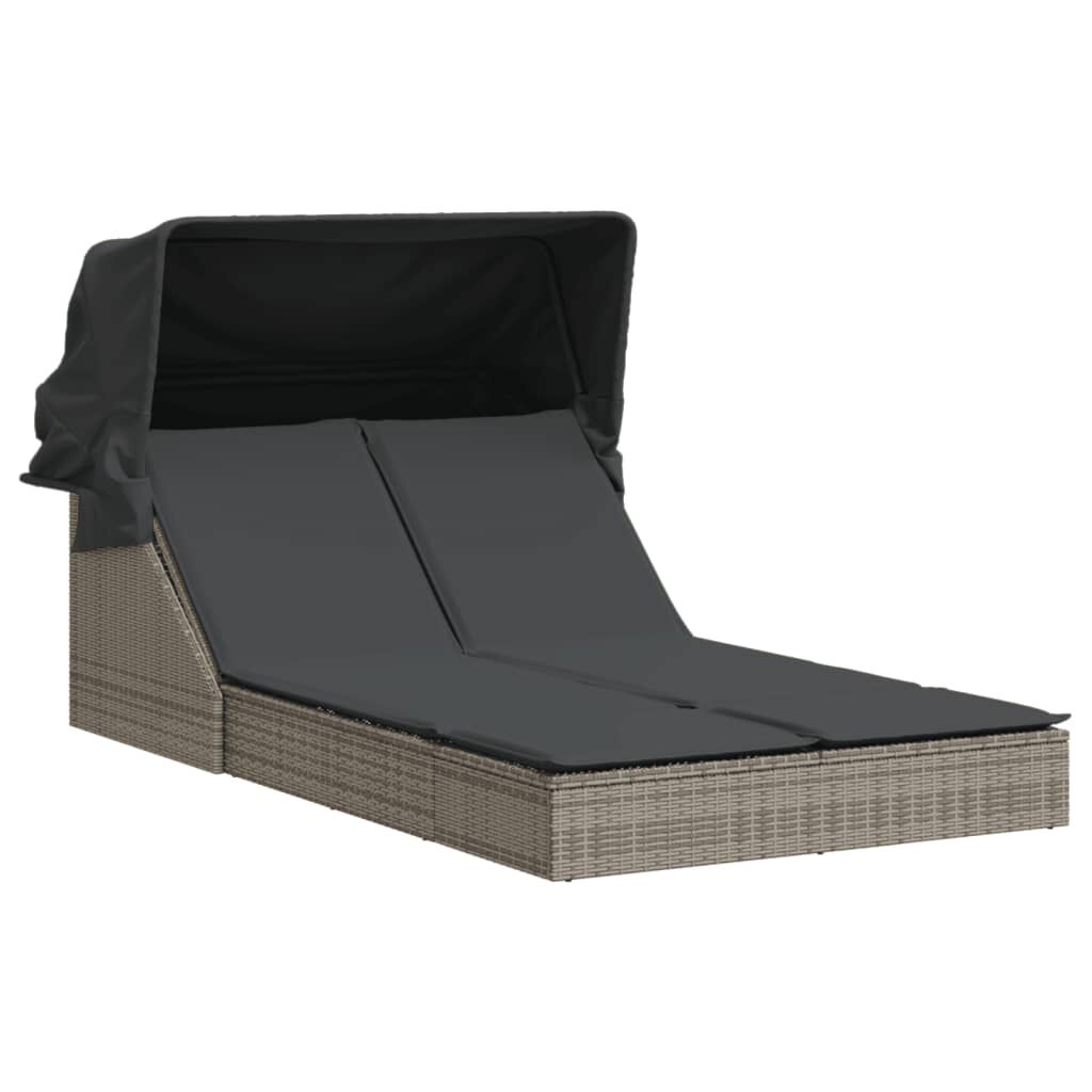 vidaXL Double Sun Lounger with Canopy and Cushions Grey Poly Rattan