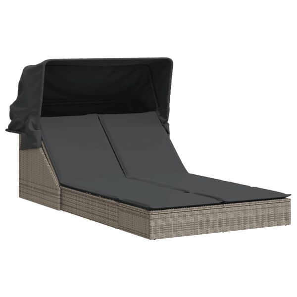 vidaXL Double Sun Lounger with Canopy and Cushions Grey Poly Rattan