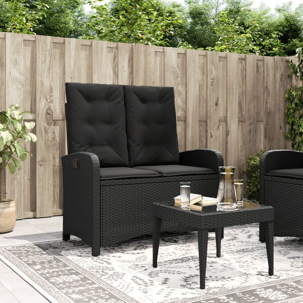 vidaXL Reclining Garden Bench with Cushions Black Poly Rattan