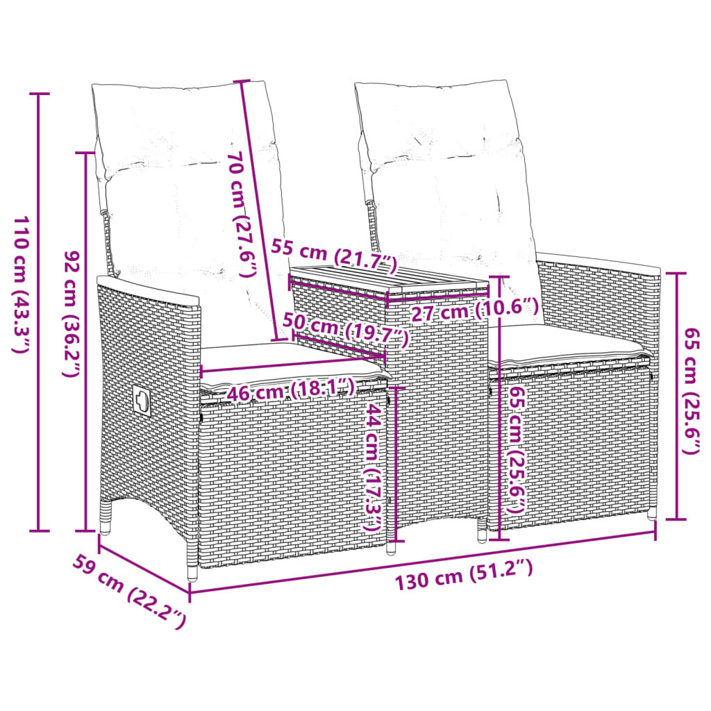 vidaXL Reclining Garden Sofa 2-Seater with Table Black Poly Rattan
