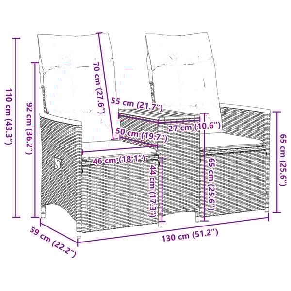 vidaXL Reclining Garden Sofa 2-Seater with Table Black Poly Rattan