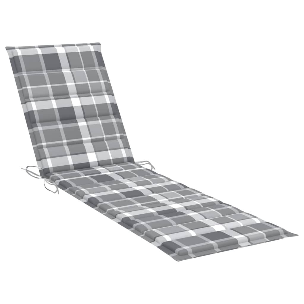 vidaXL Sun Lounger with Grey Check Pattern Cushion Solid Teak Wood