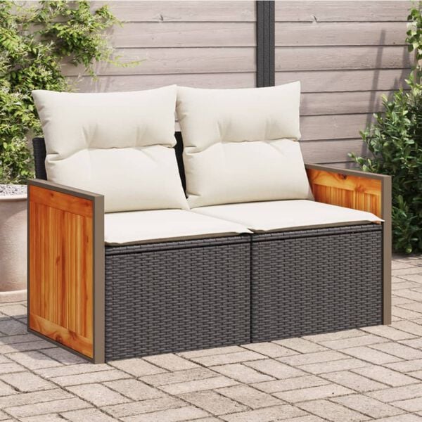 vidaXL Garden Sofa with Cushions 2-Seater Black Poly Rattan