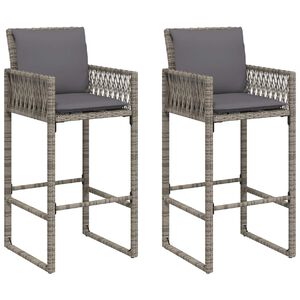 vidaXL Garden Bar Stools with Cushions 2 pcs Grey Poly Rattan