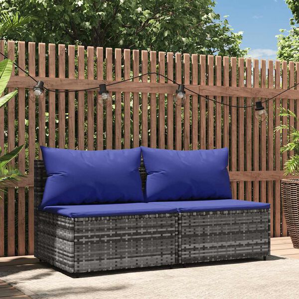 vidaXL Garden Middle Sofas with Cushions 2 pcs Grey Poly Rattan