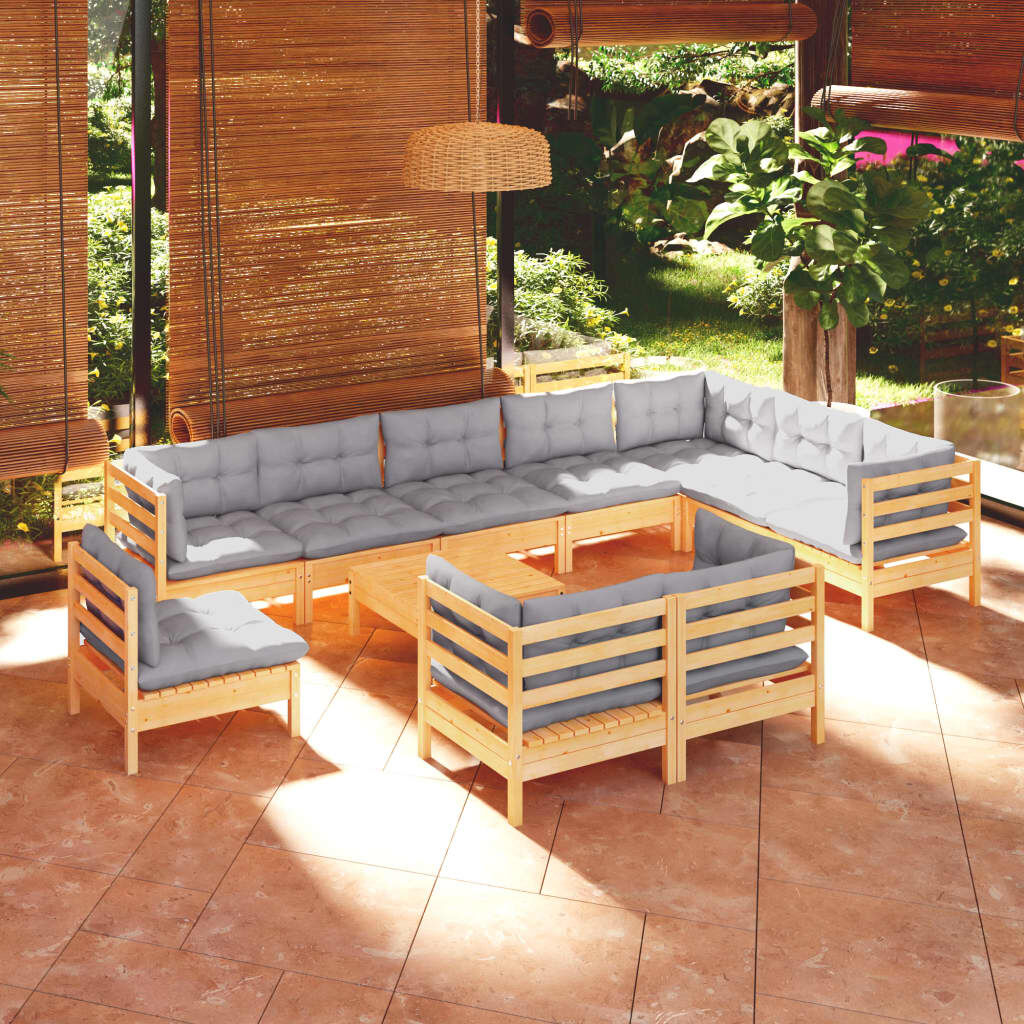 vidaXL 11 Piece Garden Lounge Set with Grey Cushions Solid Pinewood