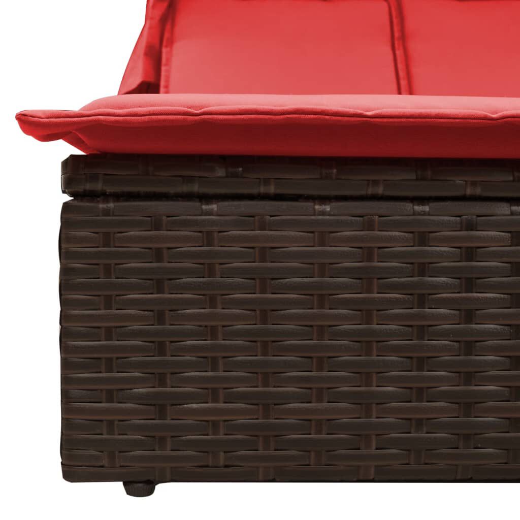 vidaXL Double Sun Lounger with Canopy and Cushions Brown Poly Rattan