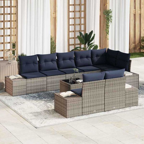 vidaXL Garden Sofa Set with Cushion 9 pcs Grey Poly rattan