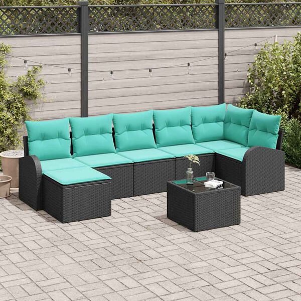vidaXL Sofa Set with Cushion 8 pcs Black and Turquoise Poly Rattan