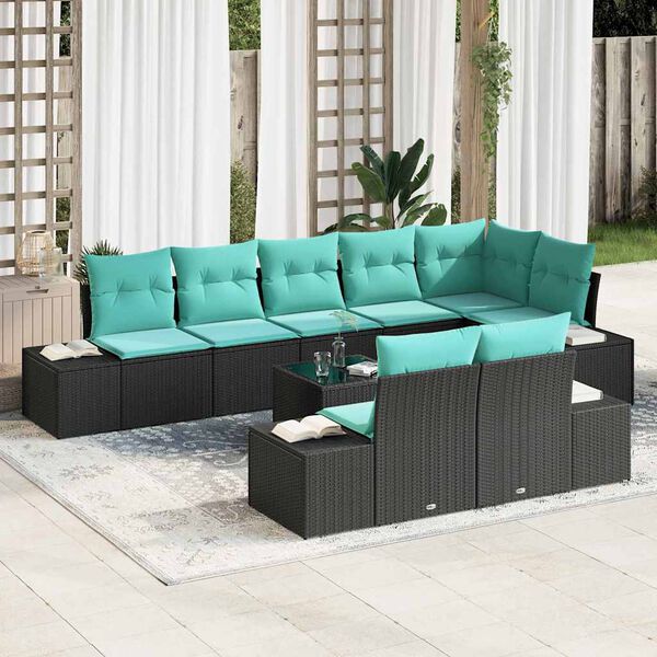 vidaXL Garden Sofa Set with Storage Black and Turquoise Poly rattan