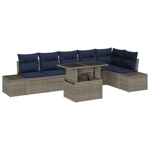 vidaXL Garden Sofa Set 7 pcs Grey and Navy Blue Poly Rattan