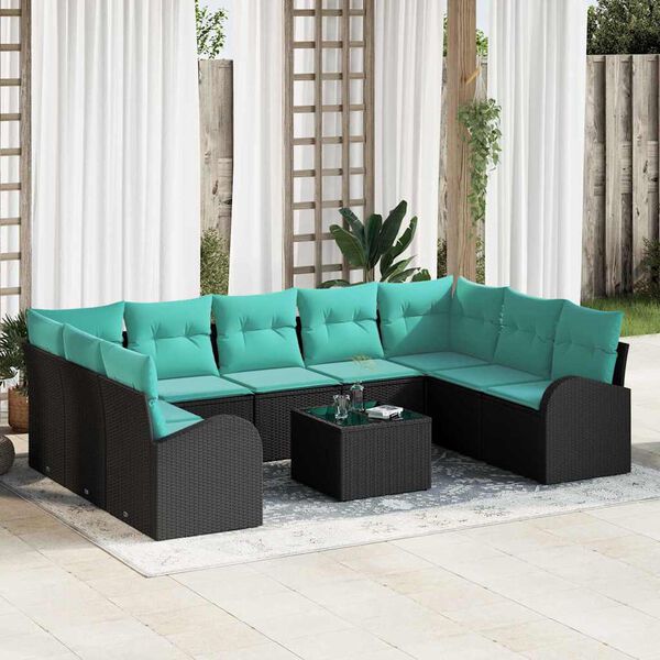 vidaXL Garden Sofa Set 10 pcs Black and Turquoise Poly Rattan