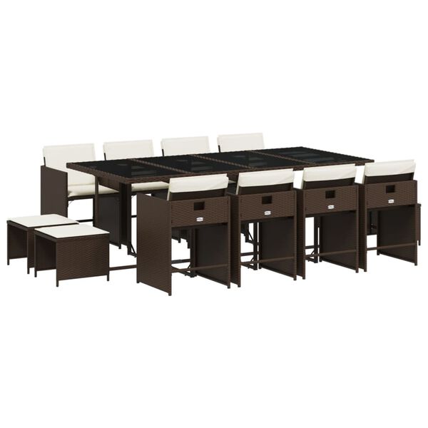 vidaXL 13 Piece Garden Dining Set with Cushions Brown Poly Rattan