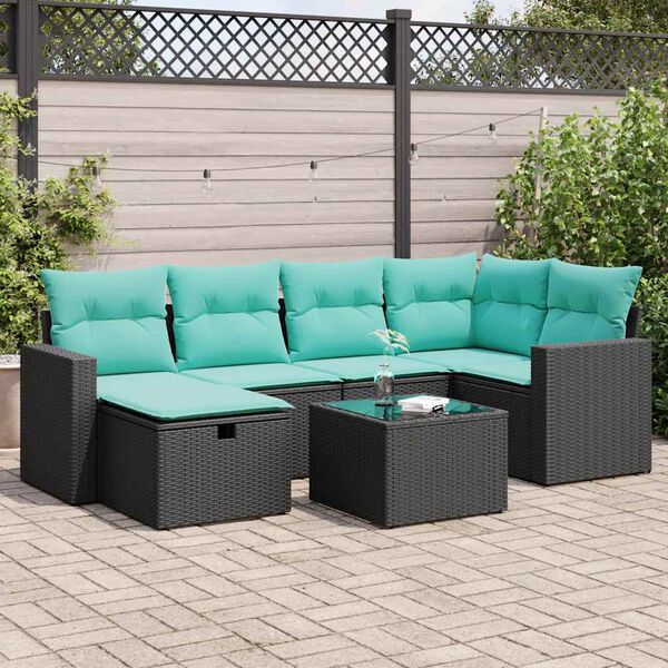 vidaXL 7 Piece Garden Sofa Set with Cushions Black Poly Rattan