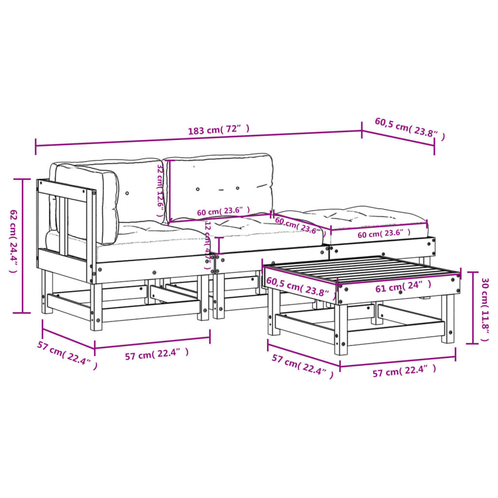 vidaXL 4 Piece Garden Lounge Set with Cushions White Solid Wood