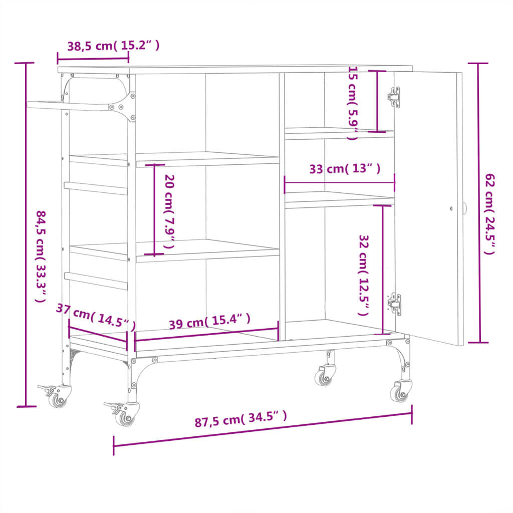vidaXL Kitchen Trolley Smoked Oak 87.5x38.5x84.5 cm Engineered Wood