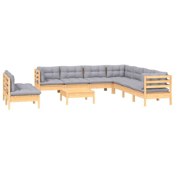 vidaXL 10 Piece Garden Lounge Set with Grey Cushions Solid Pinewood