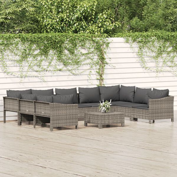 vidaXL 10 Piece Garden Lounge Set with Cushions Grey Poly Rattan