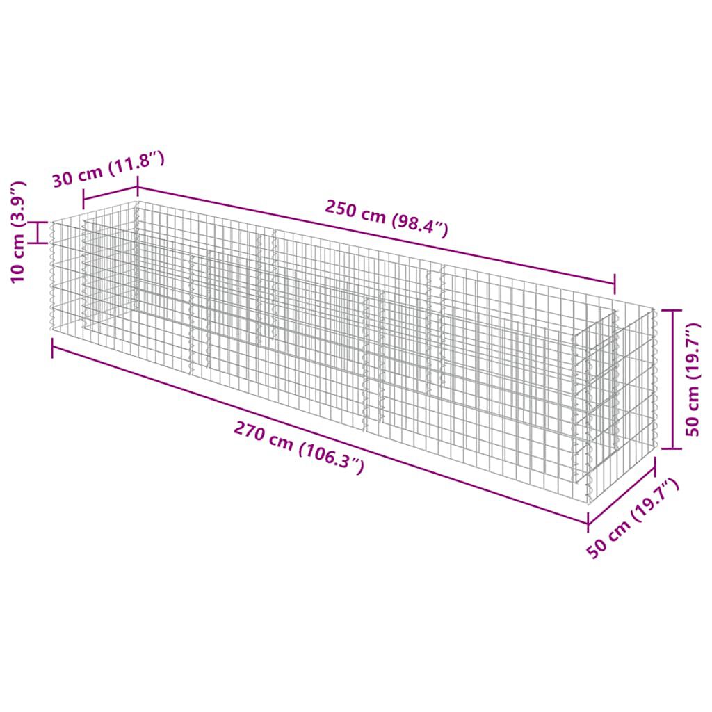 vidaXL Gabion Raised Bed Galvanised Steel 270x50x50 cm